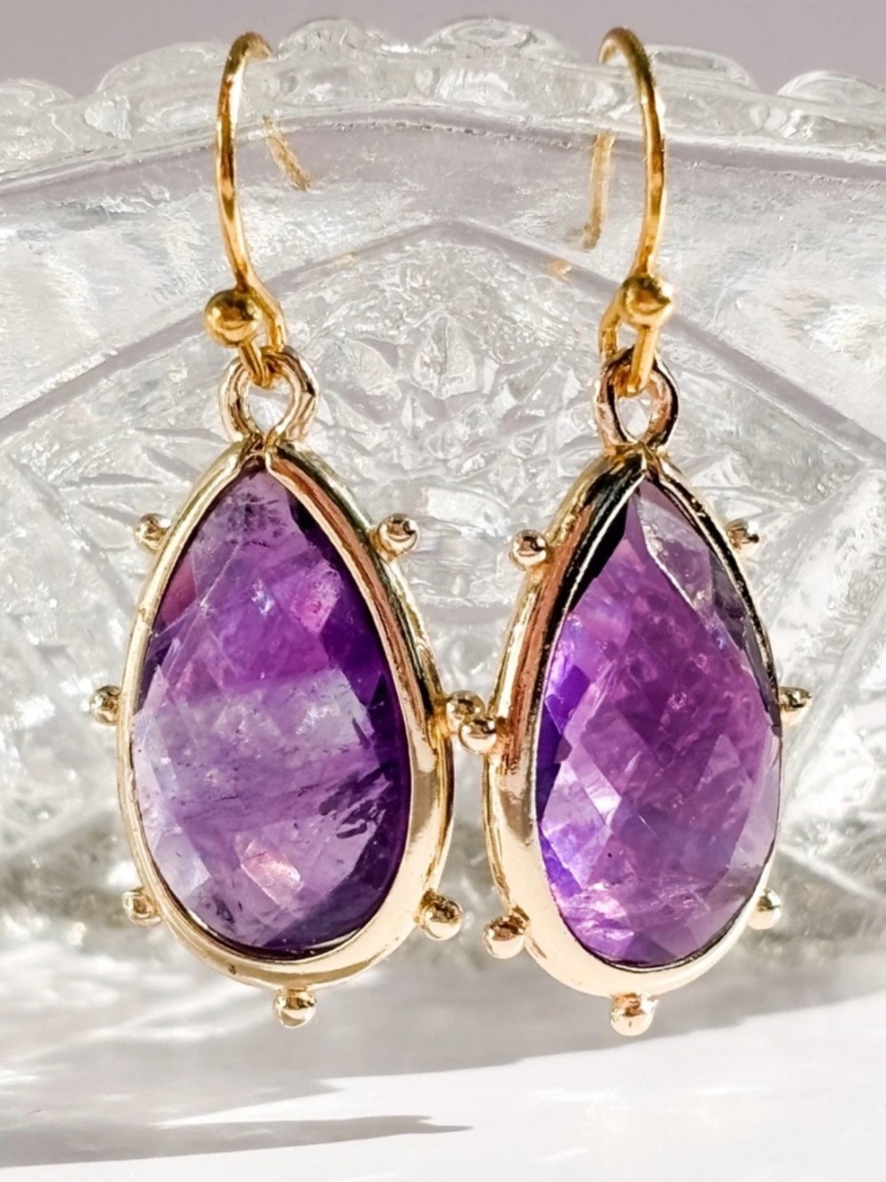 New Amethyst Teardrop Dangle Earrings Gold Plated Etruscan Bezel NWOT